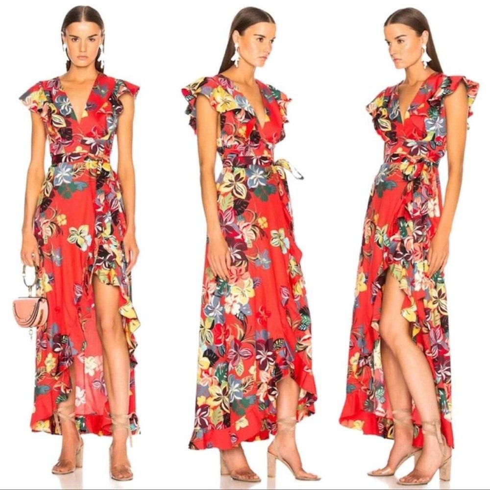 Alexis Red Floral Wrap Maxi Dress with Ruffle Sleeves Size S
